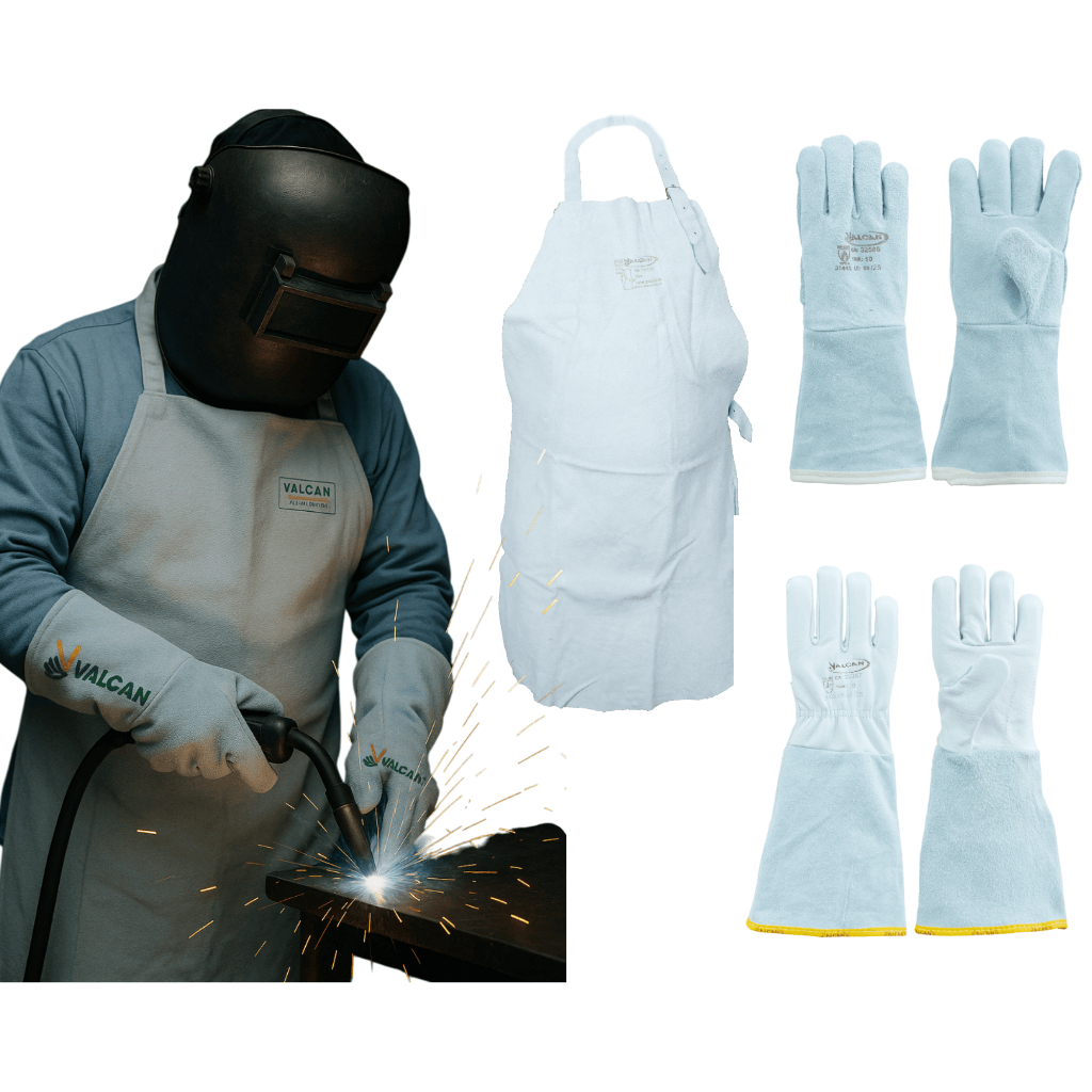 Kit Soldador Avental Luva Cano Longo Raspa Vaqueta Epi Ca Segurança Soldagem Serralheria Metalurgica Soldador Valcan Epi