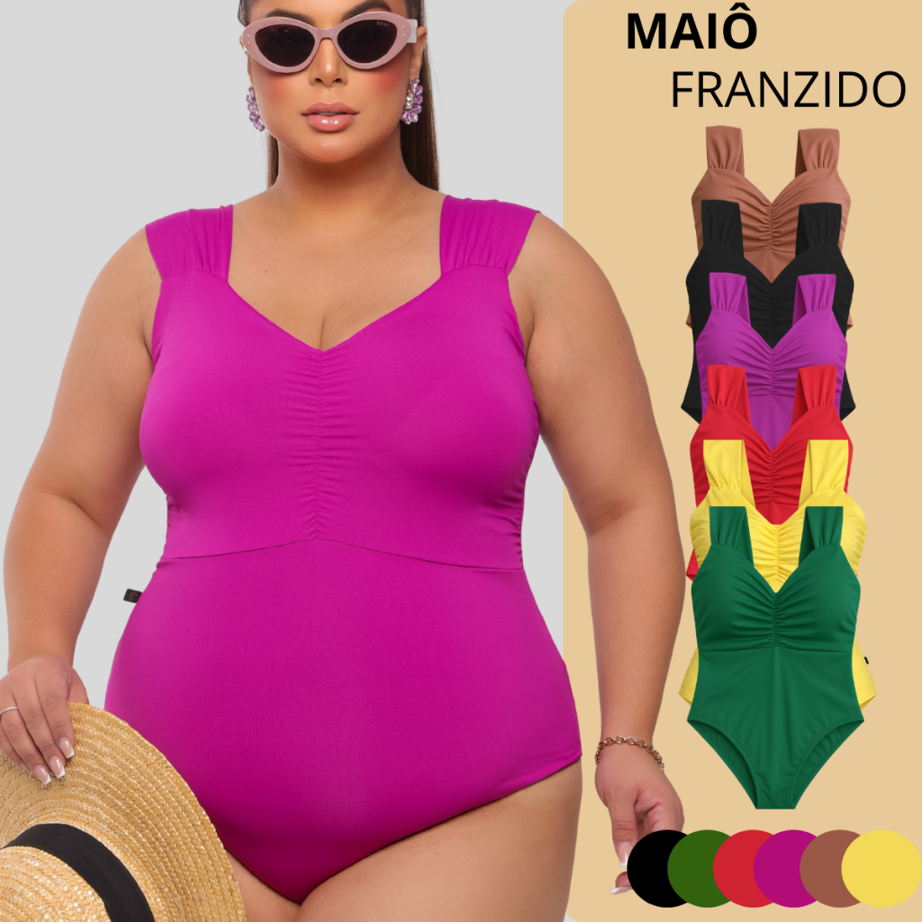 Maiô Body Feminino Moda Praia Bojo Franzido Alça Larga Forrado De Banho Plus Size em Oferta na Shopee