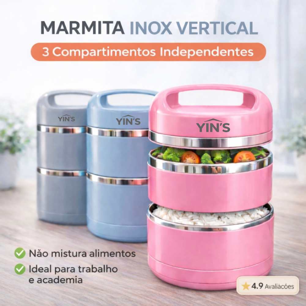 Lancheira Vertical Inox 1080ml 3 Compartimentos Linha Premium - Marmita Portátil com Tampa e Alça