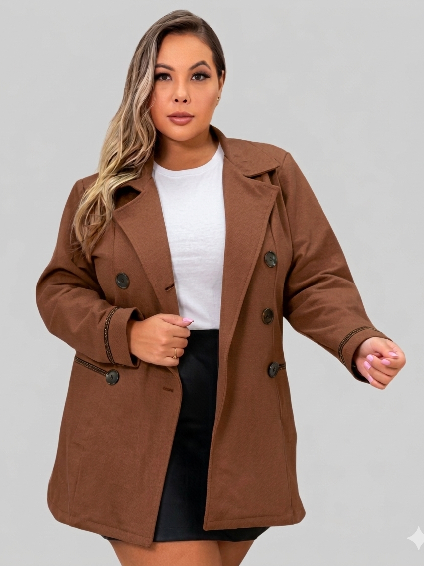 Casaco Longo Feminino Plus Size G1 G2 G3 Com Botões E Bolsos Gola Redobrável Inverno Premium