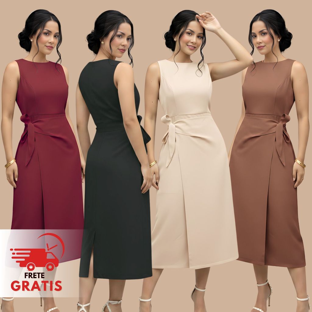 Vestido Midi Alfaiataria Social Feminino Com Amarração Lateral Luxo ...