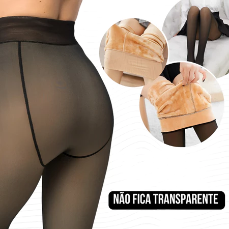 Detalhe posterior da meia-calça térmica translúcida destacando o ajuste ao corpo e a espessura do forro interno bege.