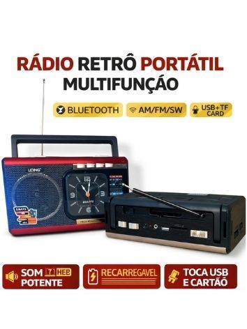 Rádio Retrô Lelong LE-675 USB SD AM FM SW + Lanterna Forte