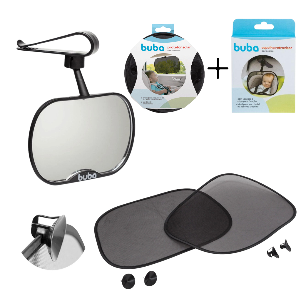 Kit com Espelho Retrovisor + 2 Protetor Solar bebê Carro proteção Ventosa Buba