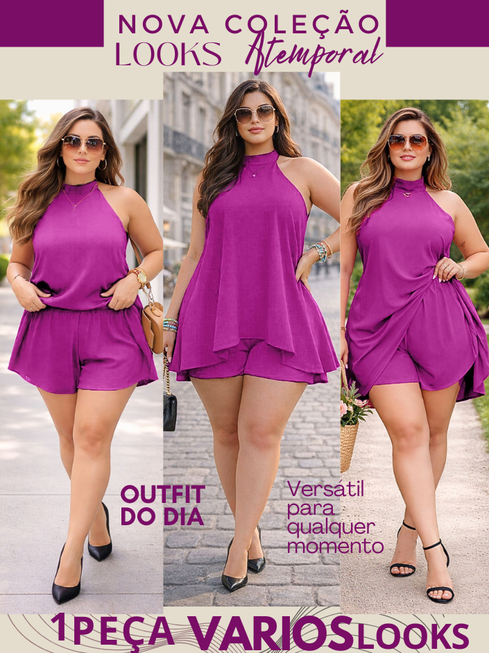CONJUNTO PLUS SIZE FEMININO MACAQUINHO BLUSA VESTIDO BATA SHORT GOLA ALTA FEMININA MODA ELEGANTE MODERNA VERÃO FEMININOS