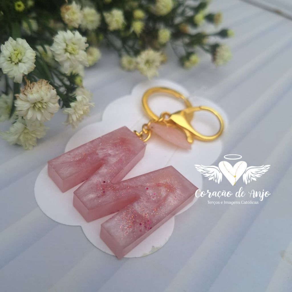Chaveiro Letra M em Resina Rosa com Glitter Inicial Personalizada Luxo ...