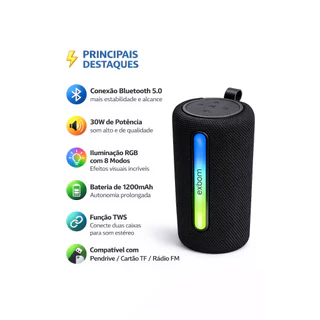 Caixa De Som Bluetooth 30W RGB Portátil Exbom TWS USB FM TF