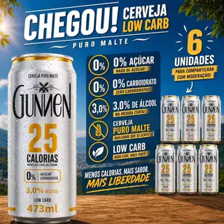 Cerveja Gunnen Low Carb 473ml Kit 6 Unidades | Puro Malte 25 Calorias 0 Açúcar Baixa Caloria