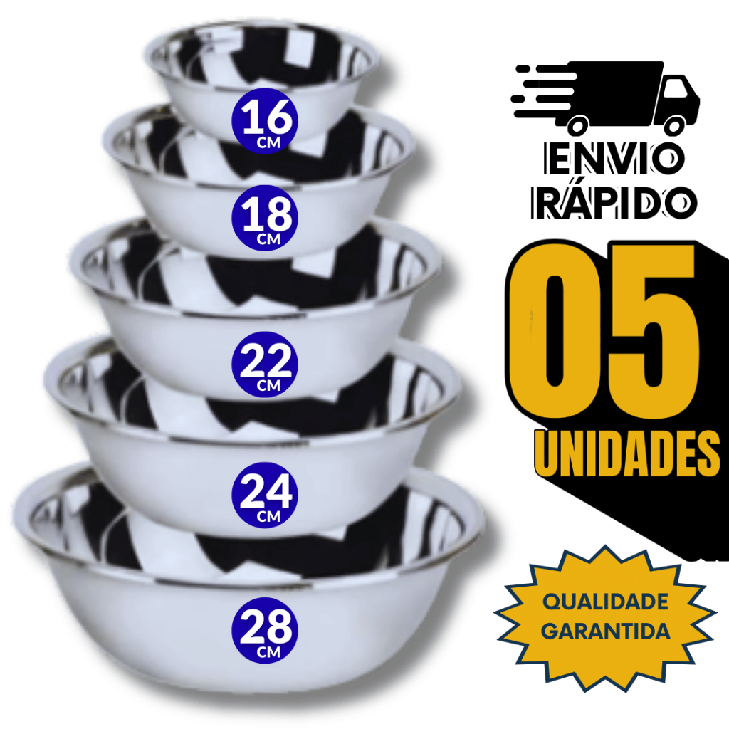 Combo Tigelas Bowl Inox 28/24/22/18/16Cm Culinário Massa Sal