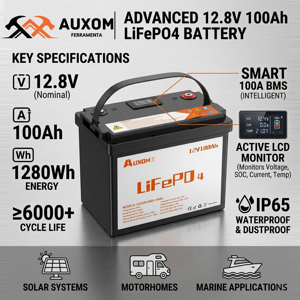 Bateria 12V 100Ah LiFePO4 Recarregável BMS Inteligente 100A ≥6000