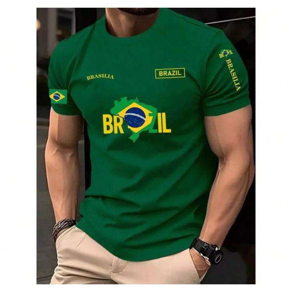Camiseta de Futebol Masculina Copa do Mundo Bandeira Mapa do Brasil Algodão