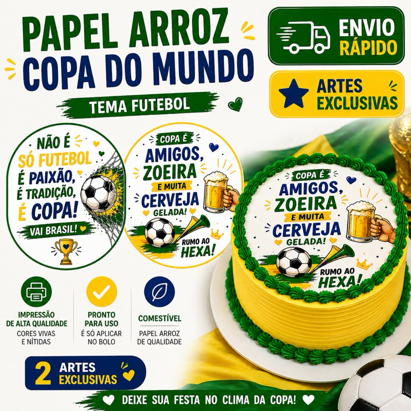Papel Arroz Copa do Mundo para Bolo/ Topo Comestível Brasil 