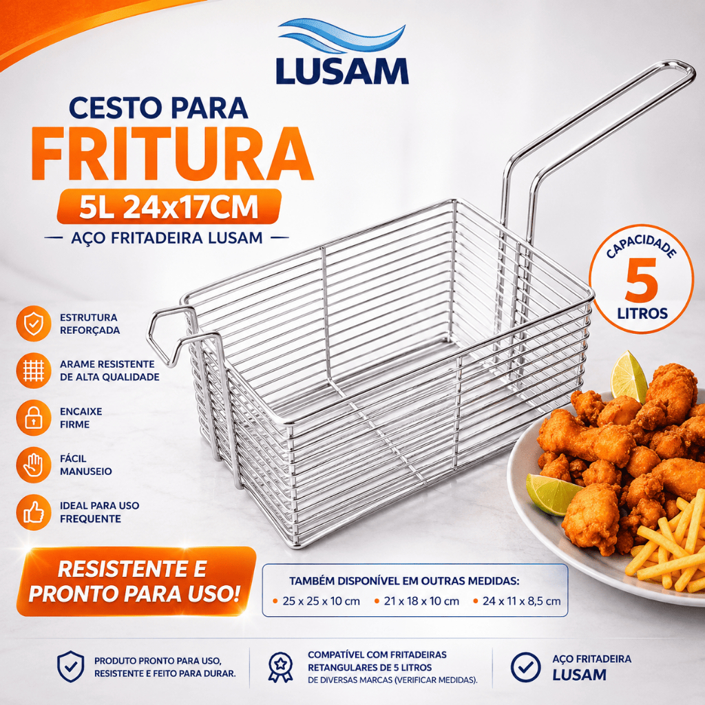 Cesto para Fritura 5L 24x17cm Aço Fritadeira Lusam