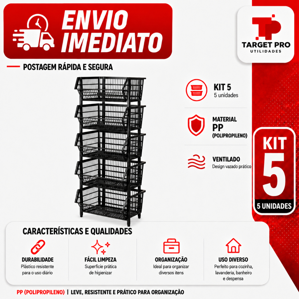 Kit 5 Cestos Expositor Empilhável N3 58cm Preto Organizador