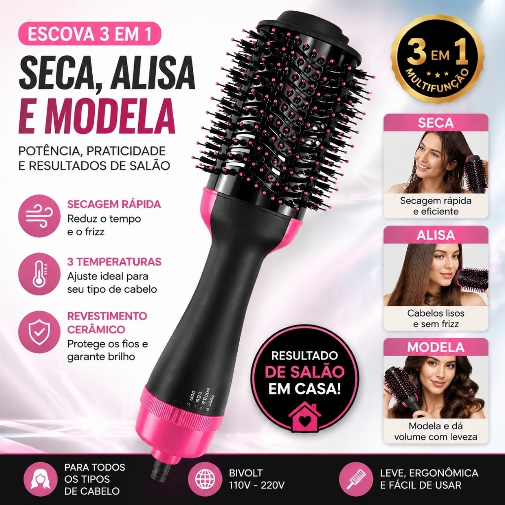 Escova Secadora 110/220v Alisador Elétrica Escova de ar quente Modeladores de cabelo Com 3 Em1 Hair