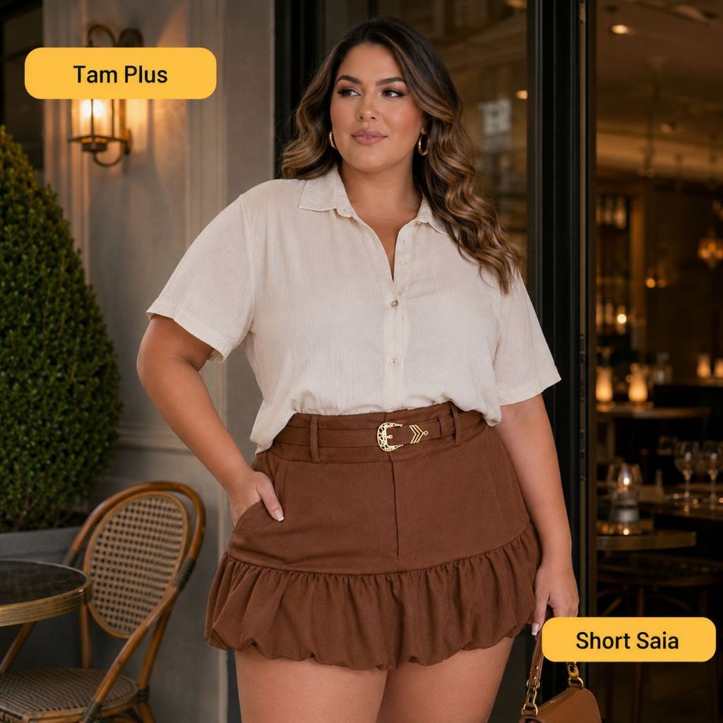 Short Saia Alfaiataria Balonê Tam Plus 46/48/50 Estilo Elegancia ...