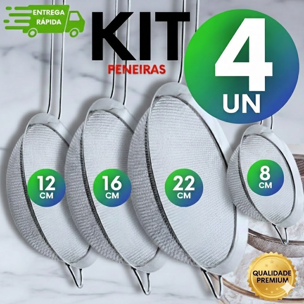 Jogo 4 Peneiras Aço Inox Profissional 8, 12, 16 e 22cm Refor