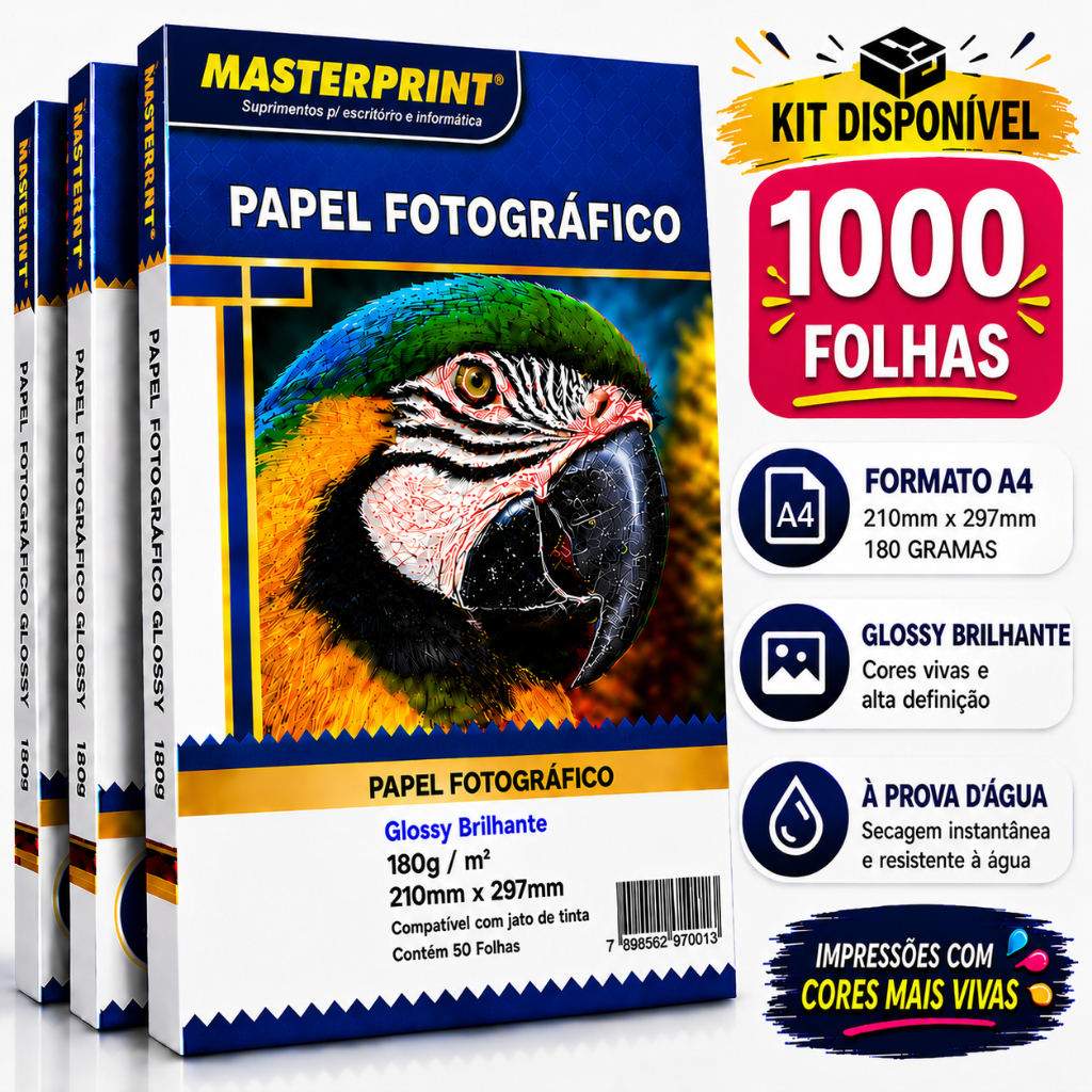 Kit 1000 Folhas Papel Fotográfico A4 Brilhante 180g Premium Glossy ...