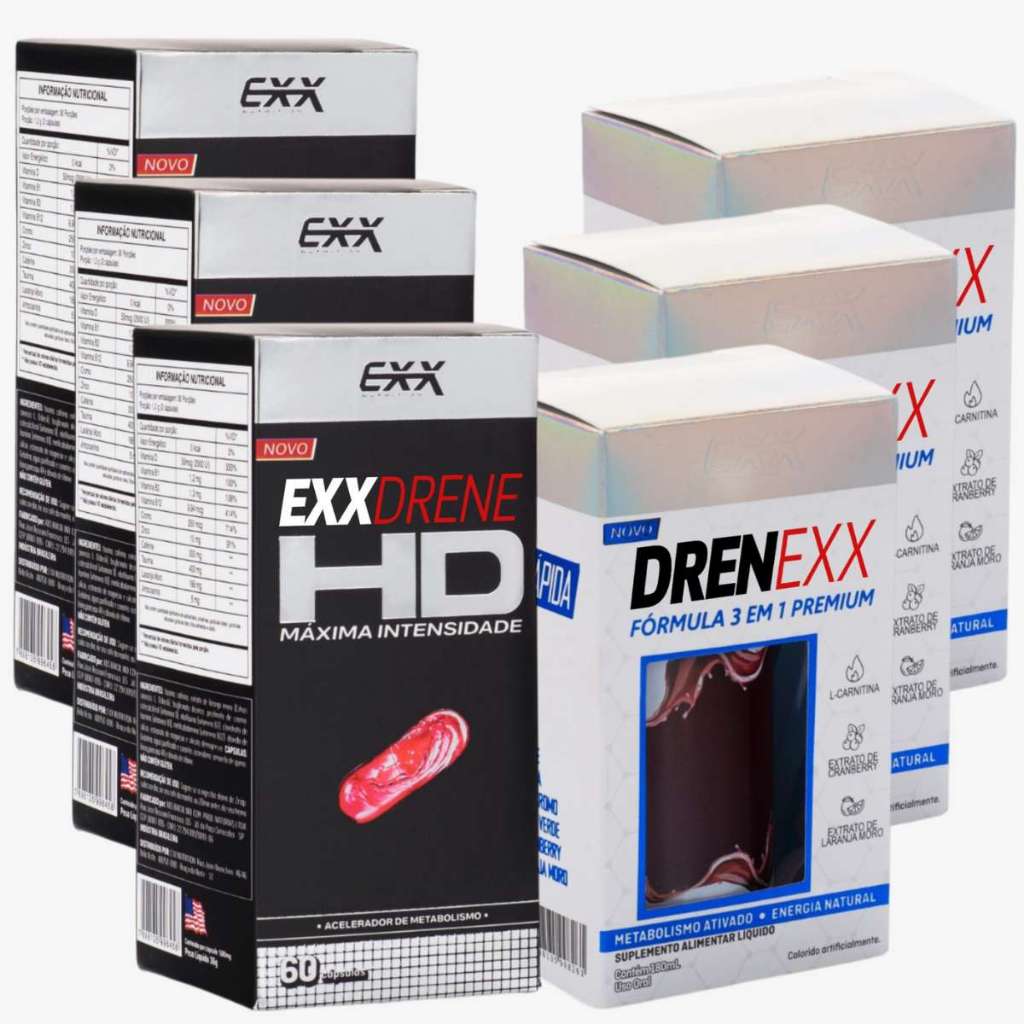 Kit 3 ExxDreneHD + 3 DrenExx Líquido Termogênico e Diurético