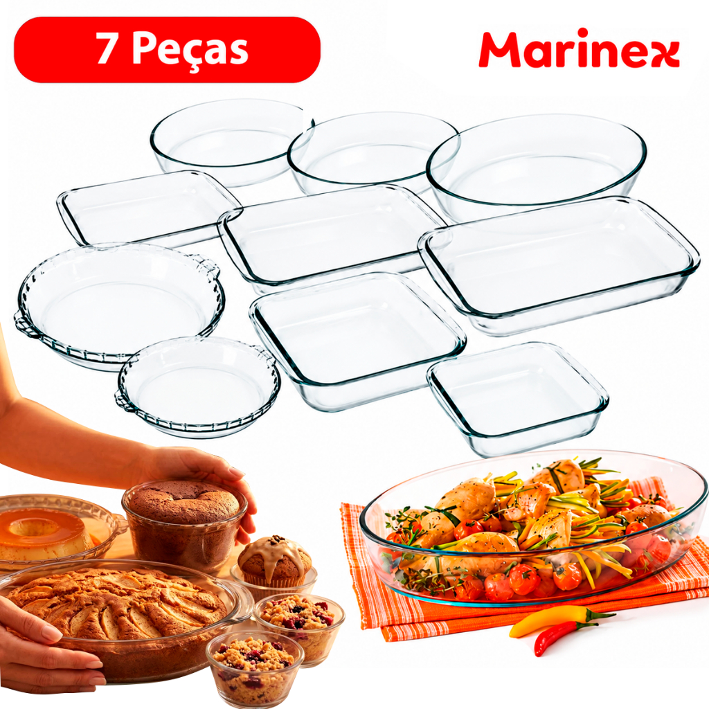 Conjunto Marinex Kit Jogo de Travessas 7 peças Vidro Temperado para Forno