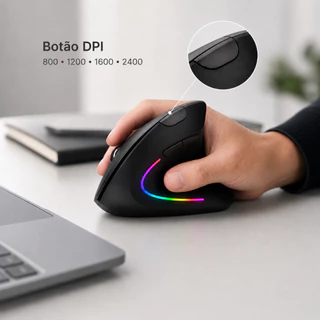 Mouse Sem Fio Vertical Recarregável - Ergonômico, Aveludado, Estudo e Trabalho - Bluetooth e 2.4Ghz