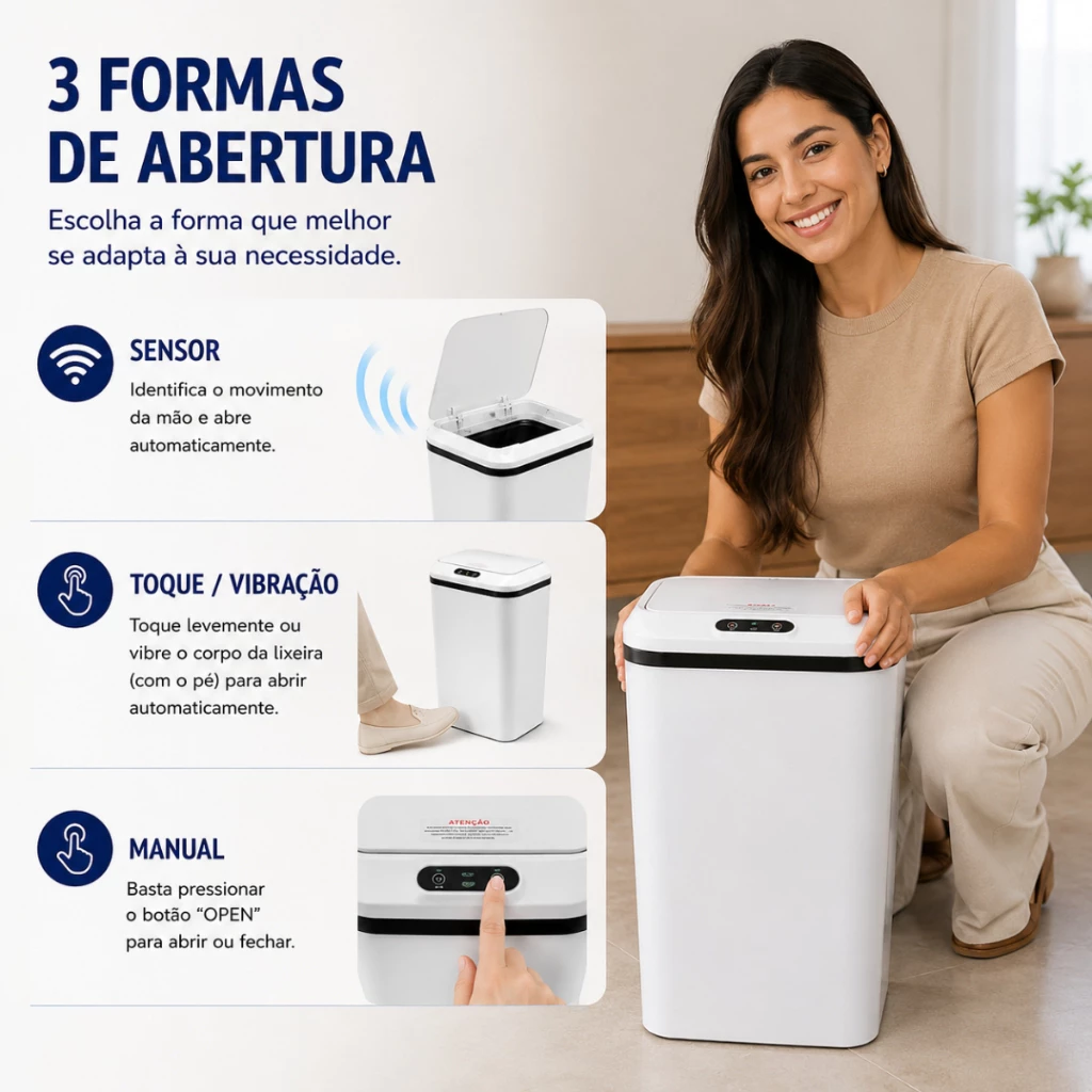 Lixeira Inteligente Automática Branca Universal Com Sensor Hearbuds Recarregável Anti Odor 16L