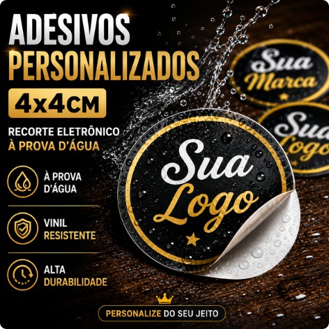 ADESIVO PERSONALIZADO 4x4 CM | RECORTE ELETRÔNICO | IMPERMEÁVEL | LOGO DA SUA MARCA + BRINDE!