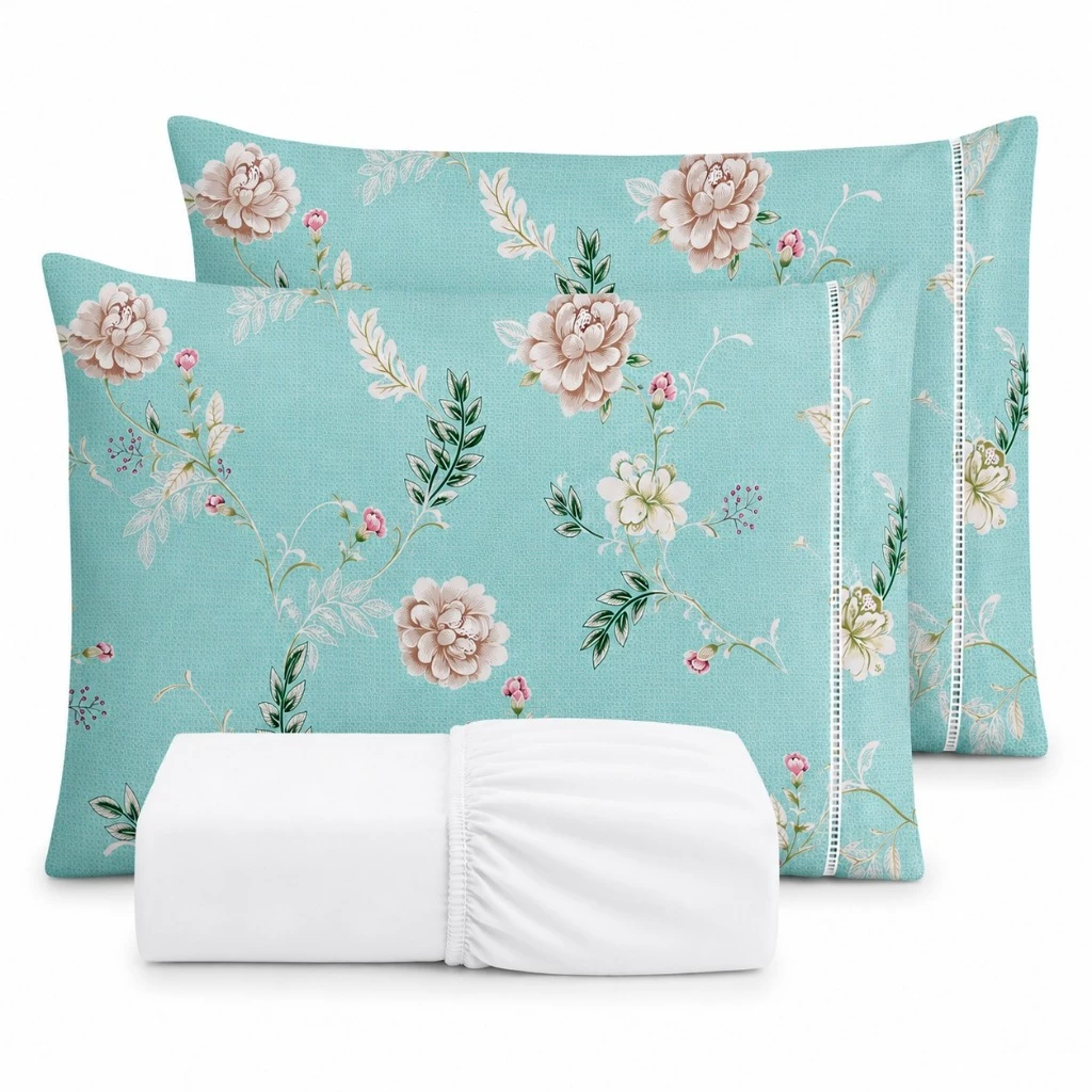 Kit Lençol Fronha Estampada Cama Solteiro Casal Queen King 400 fios Micropercal 03 Peças Ponto Palito - Imagem 3