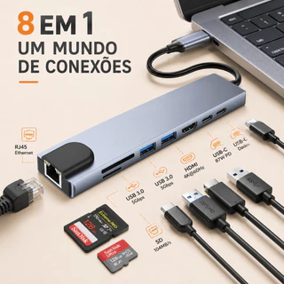 Hub USB Tipo C 8 Em 1 Com Adaptador De Leitor De Cartão SD TF 4K HDMI RJ45 Para Laptop PC