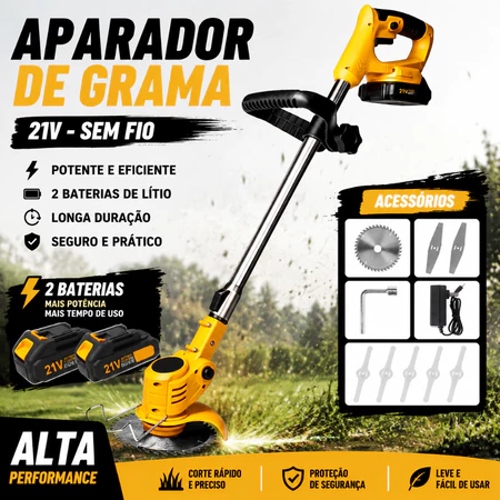 Roçadeira Aparador Cortador de Grama Profissional Sem Fio C 2 Baterias 21v e Acessórios