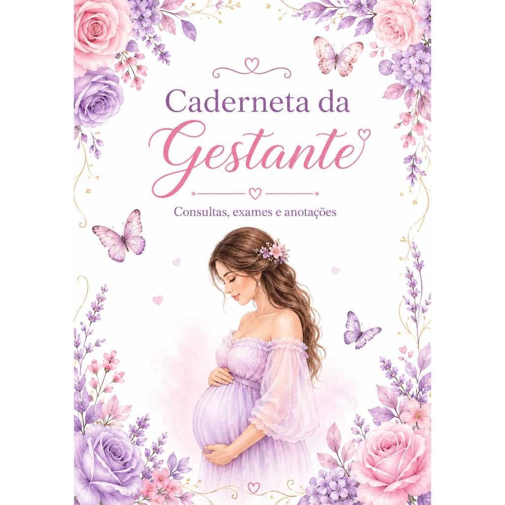 Caderneta da Gestante Personalizada — Flores Lilás e Rosa