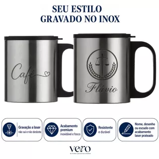 Caneca Inox 180 ml com Tampa Personalizada a Laser Logo Time Nome Empresa Profissão Café