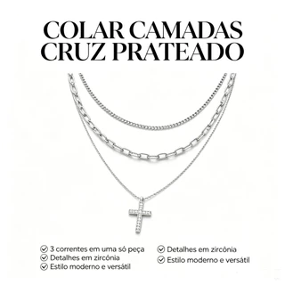 Colar 3 Camadas Cruz Prateado Zircônia | Acessório Streetwear Unissex