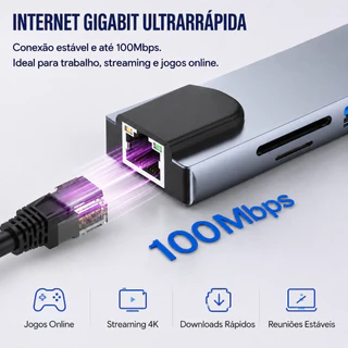 Hub USB C 8 em 1 com 4K PD HDMI 4K 100W Docking Station com porta de rede RJ45 100Mbps Adaptador Tipo C com USB 3.0