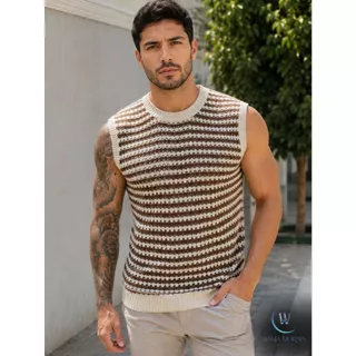 Blusa Regata Masculina Tricot Elegante Vazado Gola Redonda Canelada Tricô Moda Verão