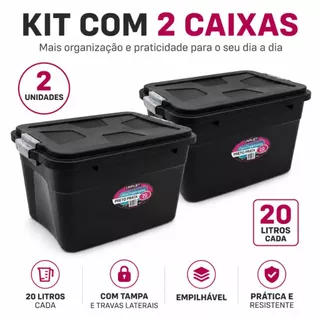 Kit 2 Caixas Organizadoras 20L Com Tampa Travas Empilháveis Multiuso Para Casa Quarto Cozinha Escritório