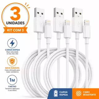 Kit 3 Cabos Lightning USB Turbo Compatível modelos 7 8 11 12 13 14 1m Carregamento Rápido