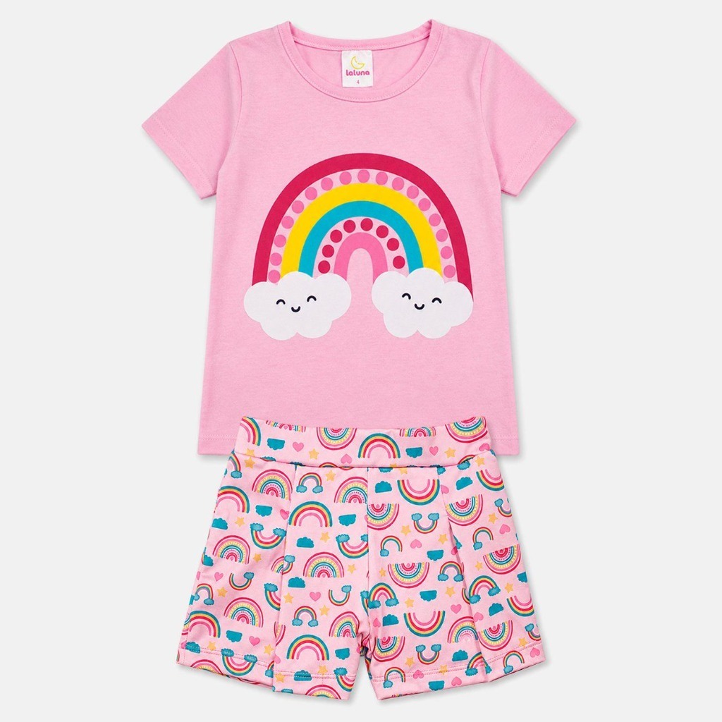 Conjunto Infantil Menina La Luna Arco-Íris Rosa Verão Algodão Roupa ...