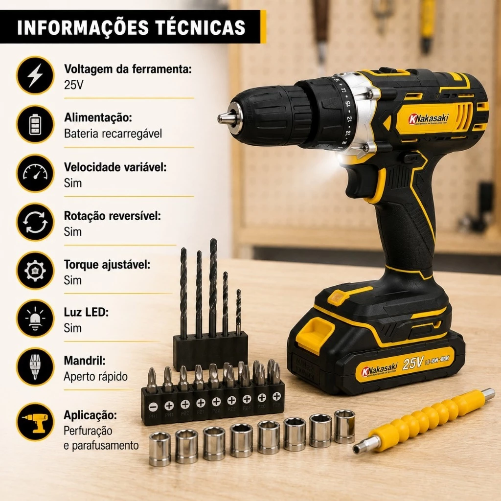 Parafusadeira Furadeira 25V Nakasaki Sem Fio a Bateria Profissional Kit Completo com Maleta