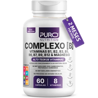 Complexo B Puro Nutrition – Vitaminas B1, B2, B3, B5, B6, B9, B12 e Magnésio, 60 Cápsulas