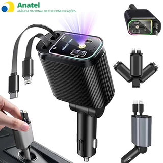 Carregador Veicular TURBO 4 em 1 Retrátil 120W com Luz LED | Carga Rápida iPhone e Android