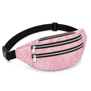 Pochete Holográfica Feminina Metalizada Neon 3 Zíperes Bolsa Cintura Transversal Ajustável