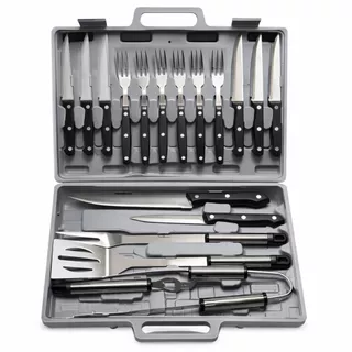 Kit Churrasco maleta 19 Peças Profissional Inox Jogo de Facas, Garfos Steak e Utensílios Completo
