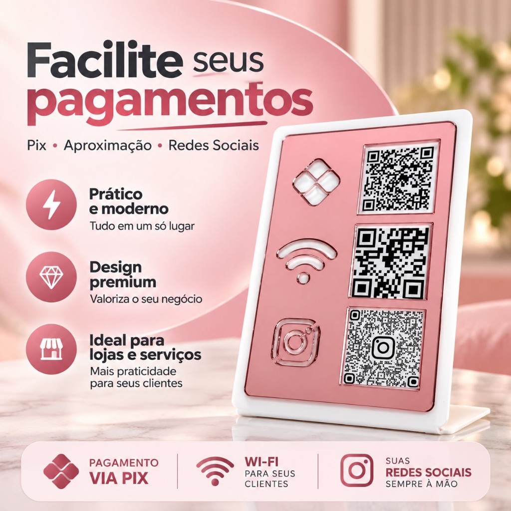 Placa Dourada de Pix Wifi Instagram Qr Code Display Mesa Balcão Loja ...