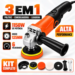 Esmerilhadeira 3 em 1 Politriz Lixadeira 125mm 1150W 6 Velocidades 110V ou 220V Kit Nova Versão