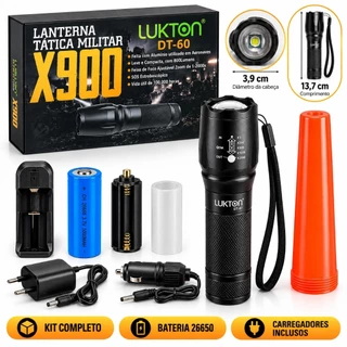 Lanterna Tática LED X900 Lukton Recarregável com Zoom Sinalizador Bateria 26650 e Carregadores