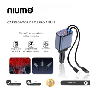 Carregador Veicular 4 em 1 Retrátil 120W com Luz LED | Carga Rápida iPhone e Android