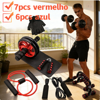 Kit Fitness 7/6 em 1 Roda Abdominal Flexão Corda Elástico Hand Grip Tapete Treino em Casa