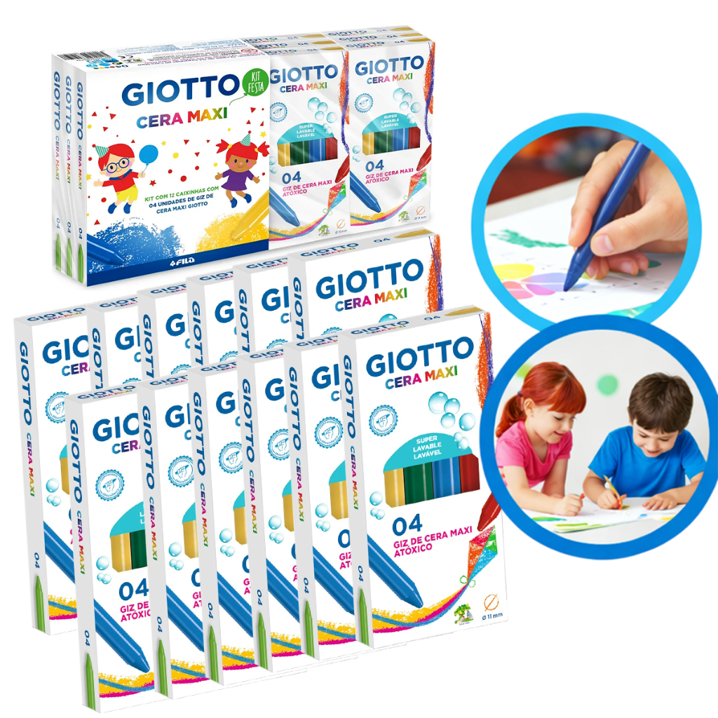 Kit Festa Lembrancinha Giz De Cera 12 Caixas Com 4 Cores Cada Vermelho Amarelo Verde e Azul Giotto em Oferta na Shopee