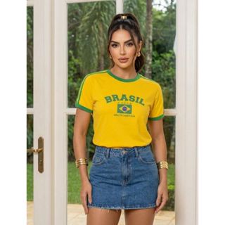 Camiseta Baby Look Brasil Feminina 🇧🇷 100% Algodão Camisa Copa Manga Curta Confortável P ao GG em Oferta na Shopee